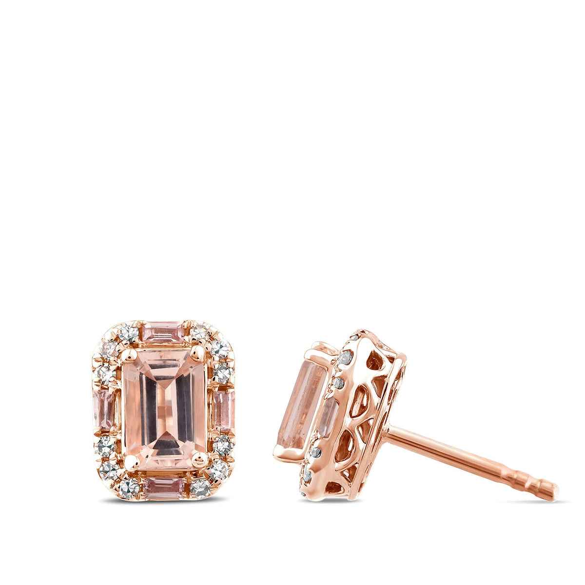Emerald Cut Morganite & 1/6 ct. tw. Diamond & Garnet Halo Earrings in 10K Pink Gold