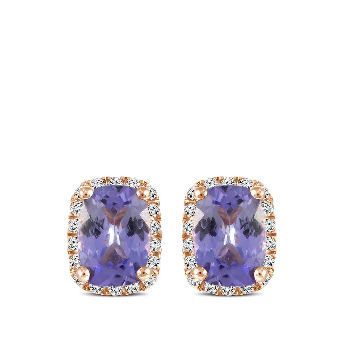 Cushion Tanzanite & 1/6 ct. tw. Diamond Halo Earrings in 10K Pink Gold
