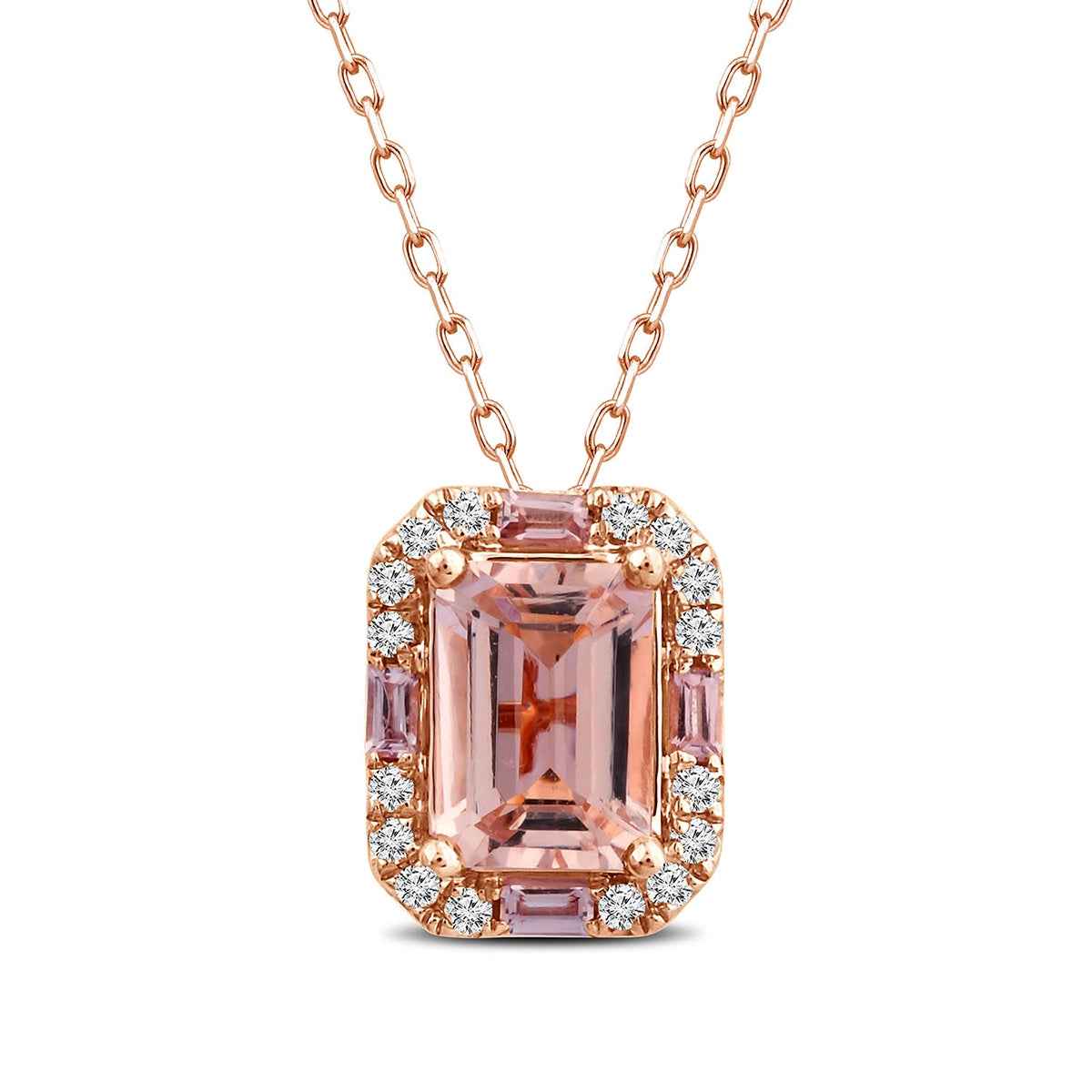 Emerald Cut Morganite, Garnet & Diamond Accent Halo Pendant in 10K Pink Gold