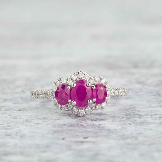 3-Stone Oval Ruby & 1/3 ct. tw. Diamond Halo Ring in 14K White Gold close-up detail
