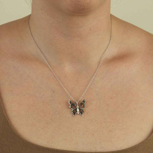 Black Hills Gold Oxidized Milgrain Butterfly Pendant in Sterling Silver front view
