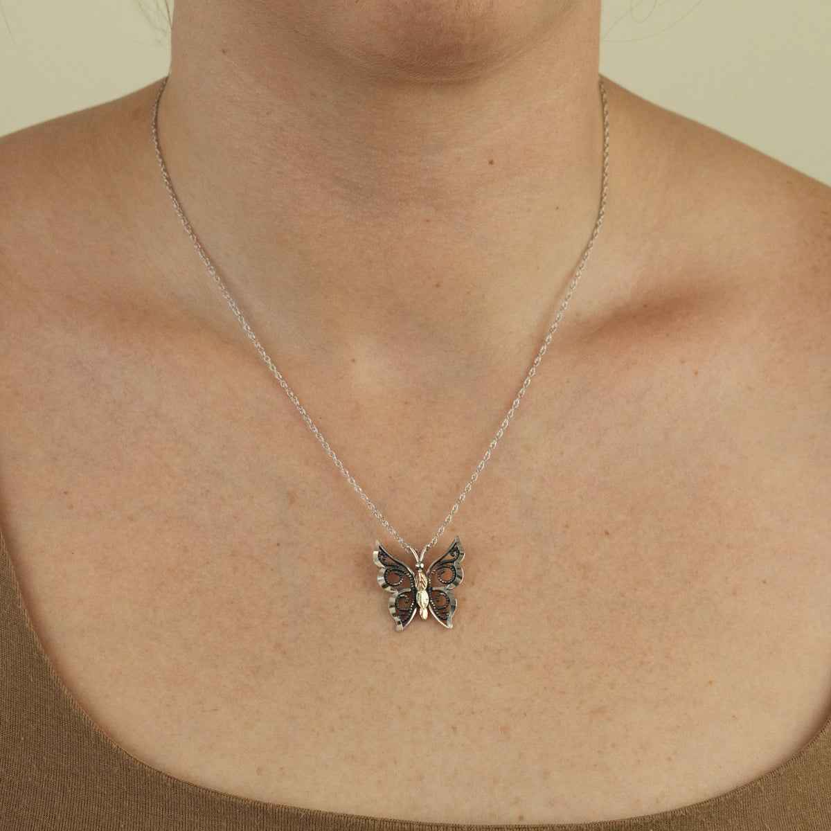 Black Hills Gold Oxidized Milgrain Butterfly Pendant in Sterling Silver front view