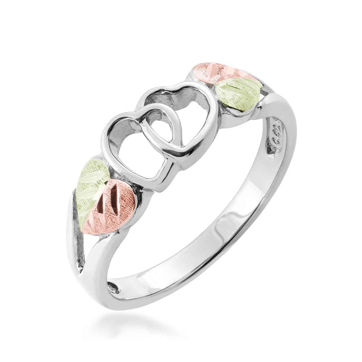 Black Hills Gold Linked Double Heart Ring in Sterling Silver front view