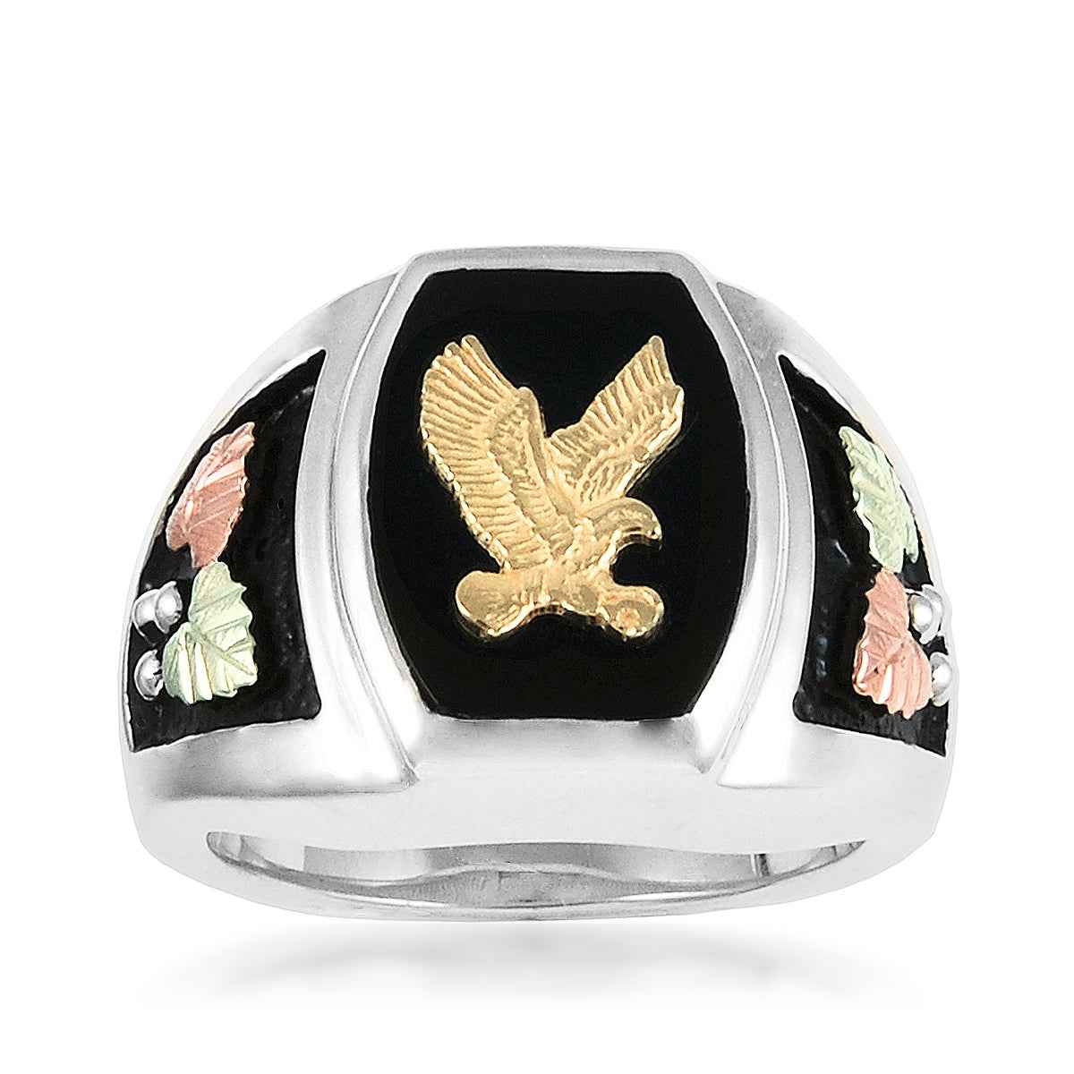 Black Hills Gold Men's Onyx Eagle & Leaf Ring in Sterling Silver & 10K Yellow Gold