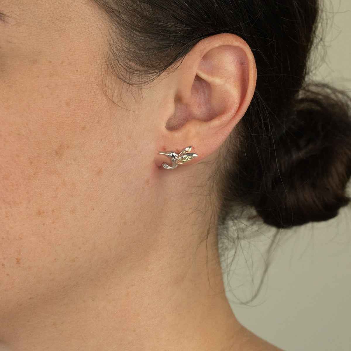 Black Hills Gold Hummingbird Stud Earrings in Sterling Silver front view