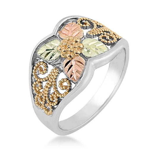 Black Hills Gold Grape Cluster & Milgrain Filigree Ring in Sterling Silver & 10K Yellow Gold front view
