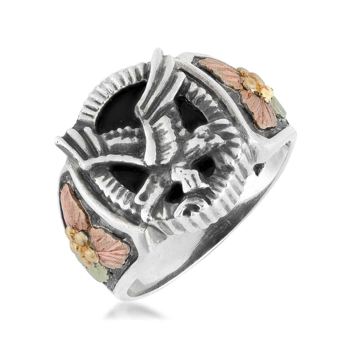 Black Hills Gold Men's Eagle & Leaf Ring in Sterling Silver front view