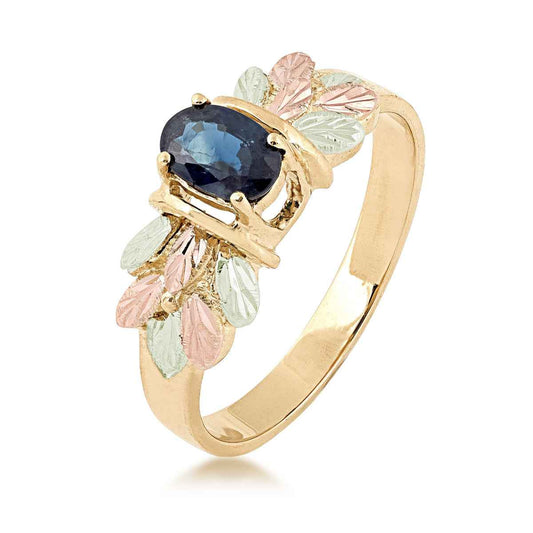 Black Hills Gold Oval Sapphire & Leaf Cluster Ring in 10K Yellow Gold front view