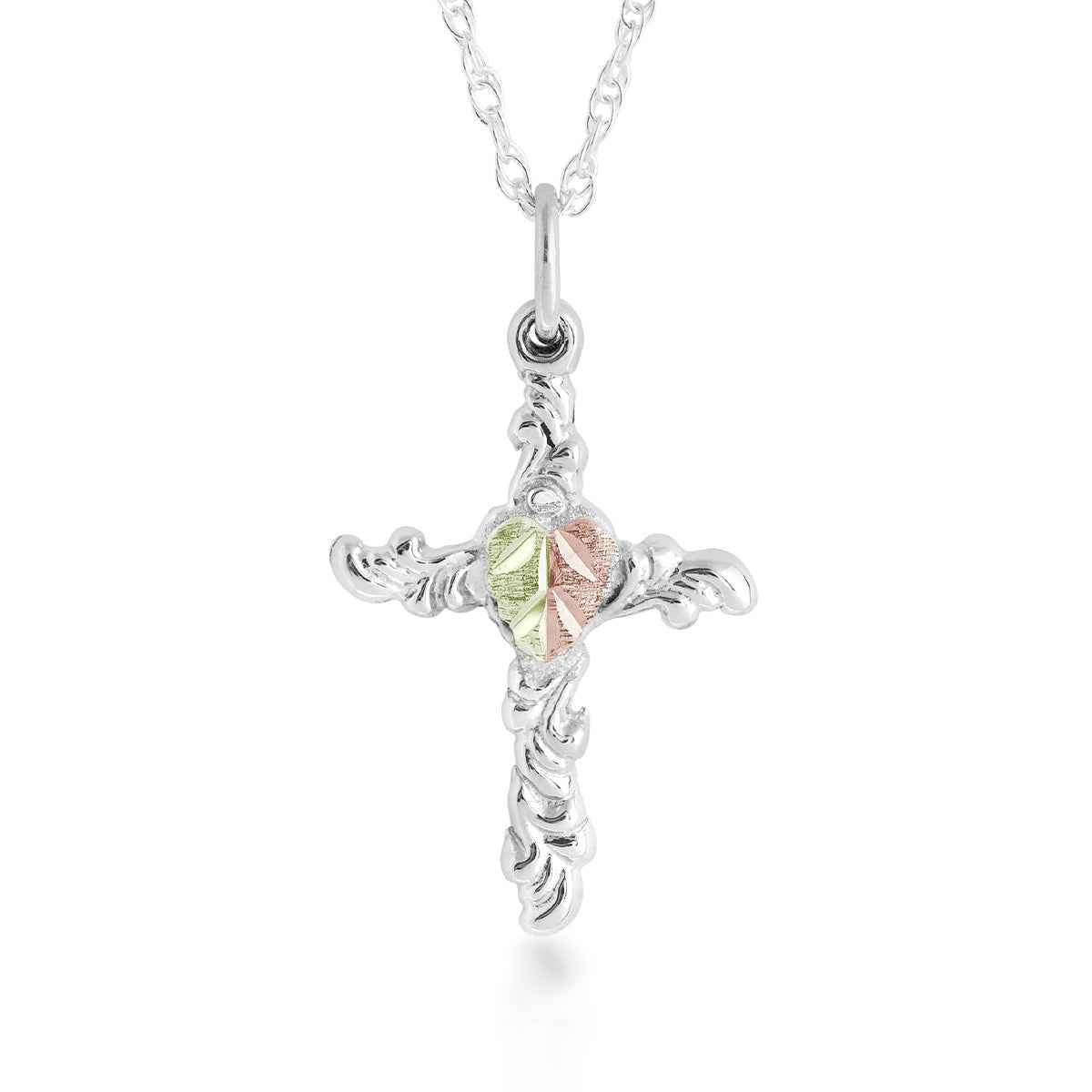 Black Hills Gold Two-Tone Leaf Filigree Swirl Cross Pendant in Sterling Silver