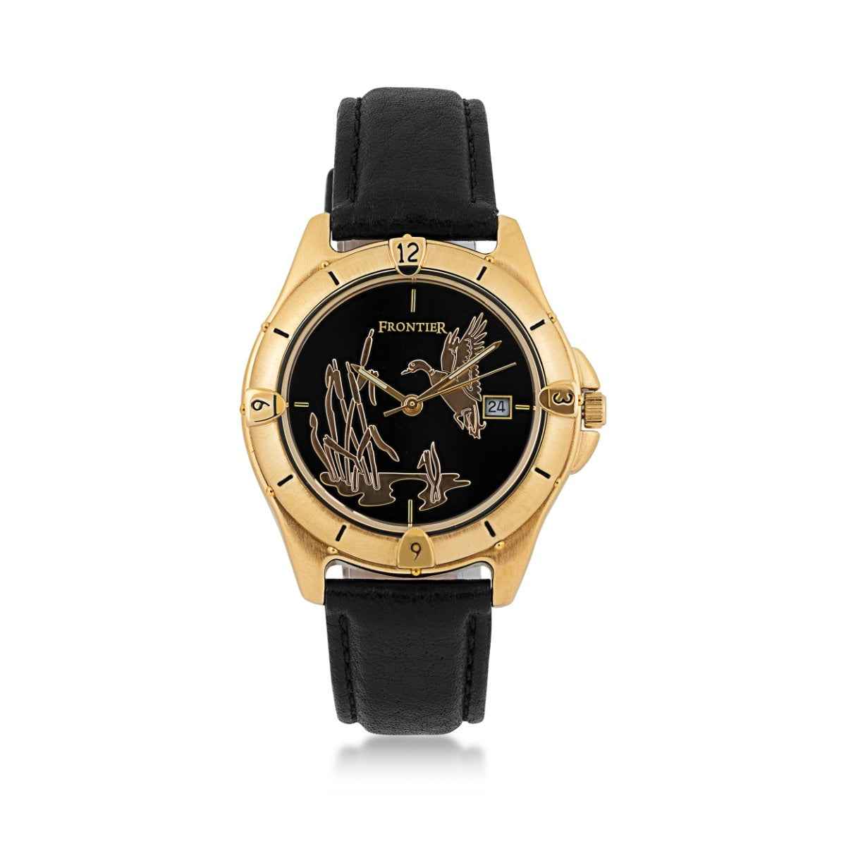 Frontier Men's Duck Watch in Gold-Tone Stainless Steel with Black Leather Band & Black Dial