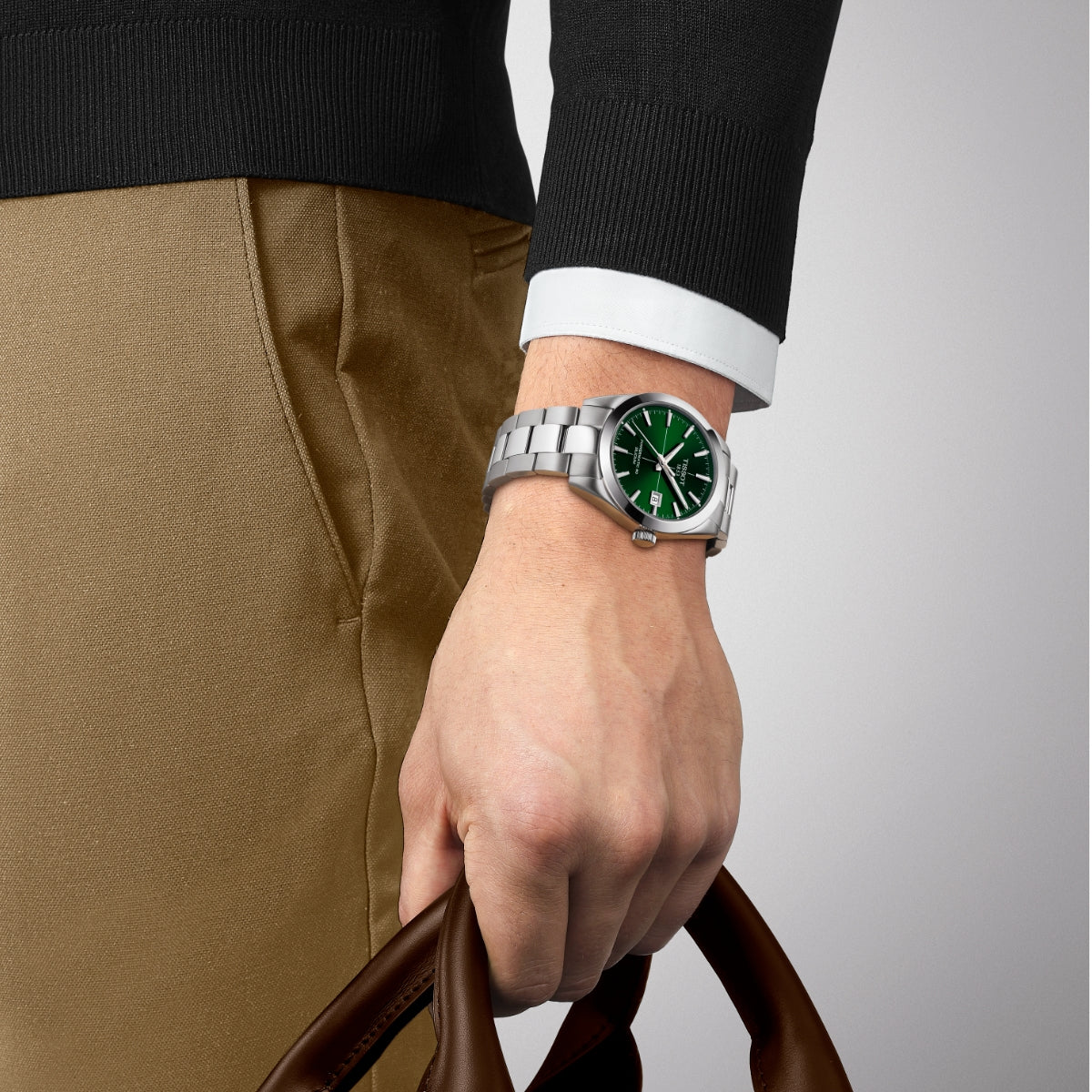 Tissot Men's Gentleman Powermatic 80 Silicium Stainless Steel Watch with Green Dial front view