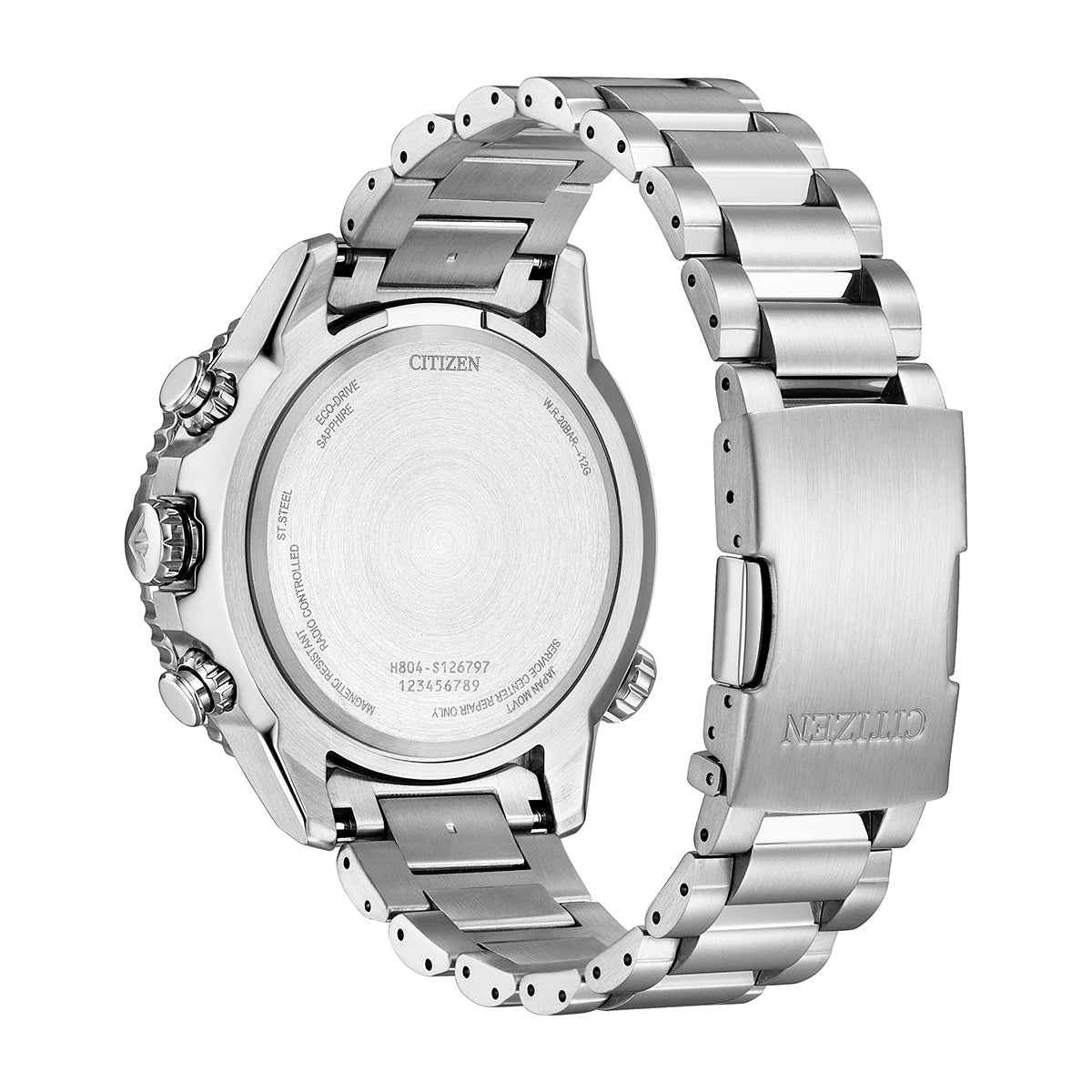 Citizen Men's Promaster Navihawk A-T Eco-Drive Stainless Steel Watch with Blue Dial close-up detail