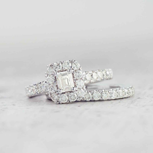 Natural 2 ct. tw. Emerald Cut Diamond Halo Wedding Set in 14K White Gold side profile