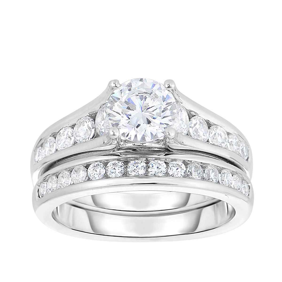 Natural 1-1/2 ct. tw. Round Brilliant Diamond Channel Wedding Set in 14K White Gold