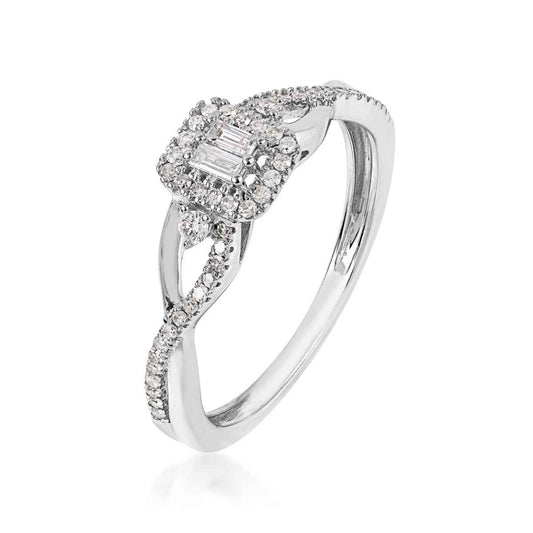 Infinite Love 1/4 ct. tw. Baguette Cluster Halo Twist Band Promise Ring in 10K White Gold close-up detail