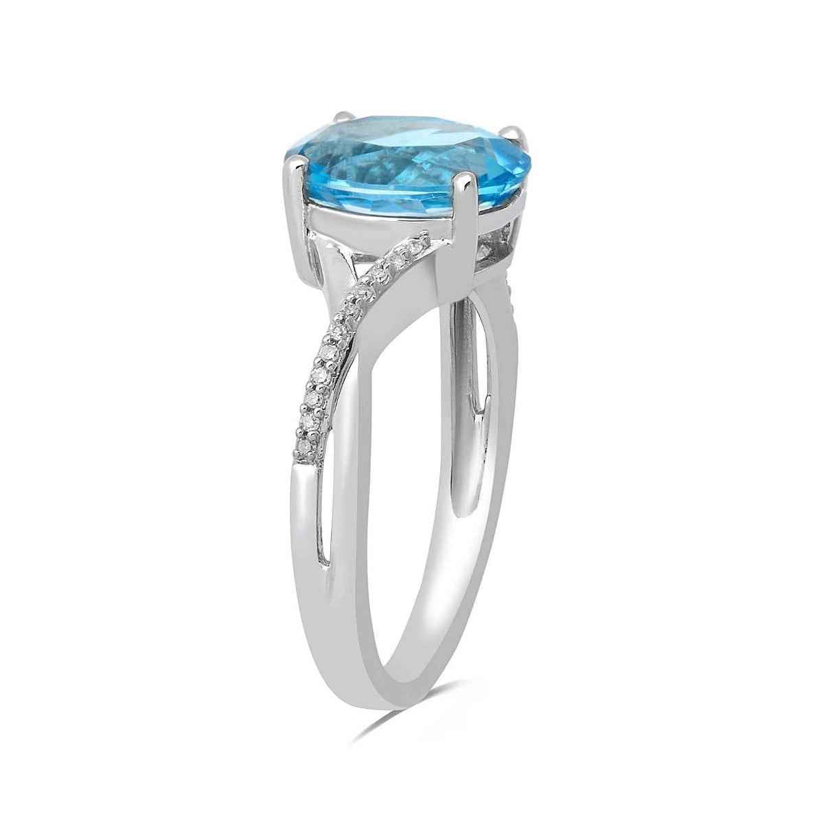 Oval Swiss Blue Topaz & Diamond Accent Ring with Twist Band in 10K White Gold front view