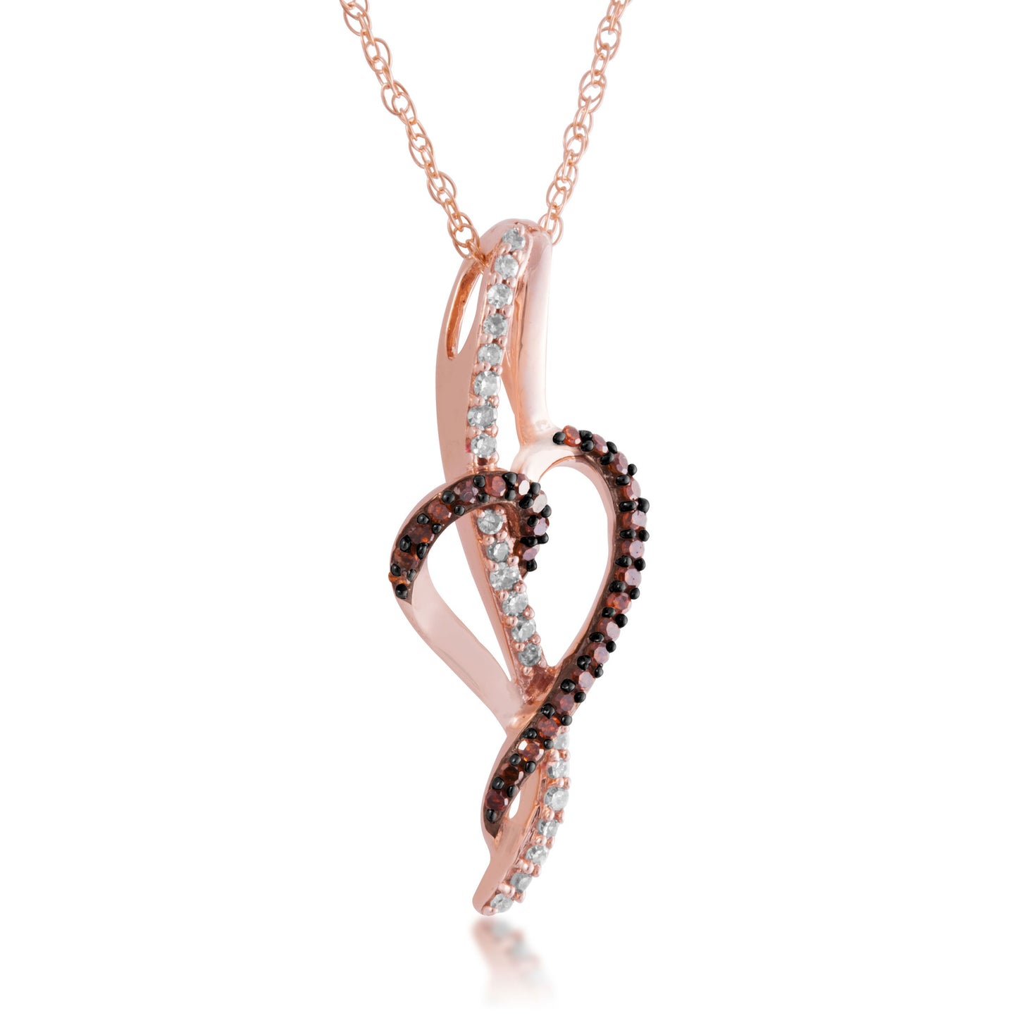 1/5 ct. tw. Round Cognac & White Diamond Heart Pendant with Black Rhodium Plated Accent in 10K Pink Gold