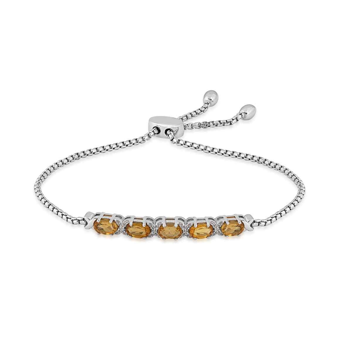 Genuine Oval Citrine and Created White Sapphire Accent Bolo Bracelet in Sterling Silver