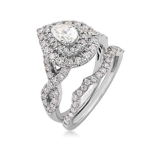 Natural 1-1/2 ct. tw. Pear Diamond Double Halo Twist Band Wedding Set in 14K White Gold close-up detail