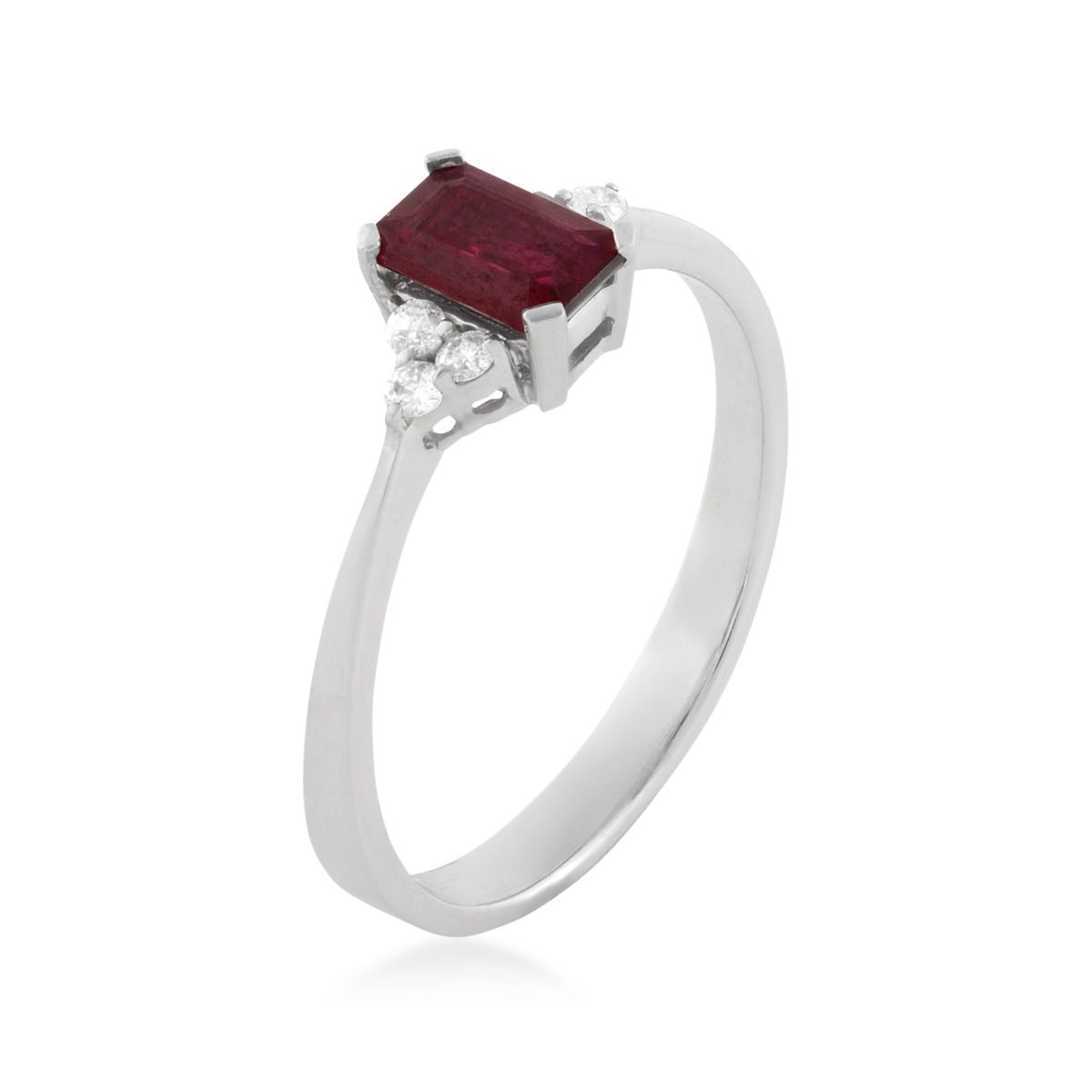 Emerald Cut Ruby & 1/10 ct. tw. Diamond Ring in 14K White Gold front view