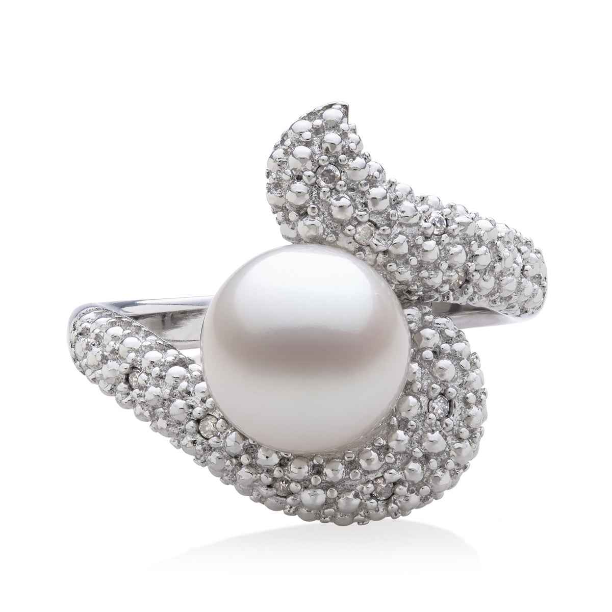 9-10mm White Freshwater Pearl & 1/10 ct. tw. Diamond Swirl Ring in Sterling Silver