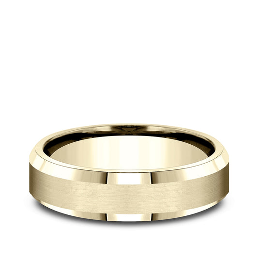 Benchmark Men's 6mm Satin Finish Beveled Edge Wedding Ring in 10K Yellow Gold close-up detail