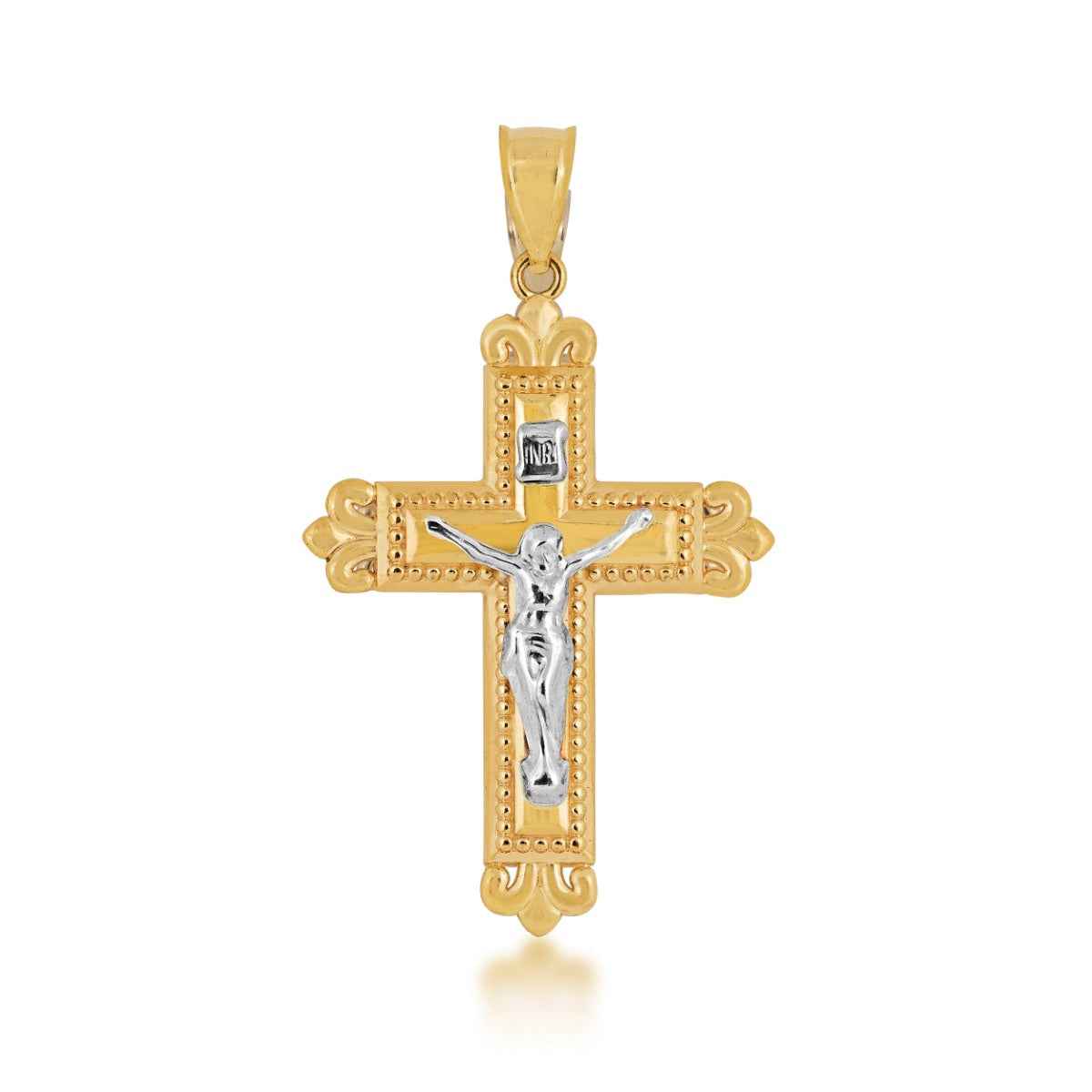 Filigree & Milgrain Crucifix Cross Pendant in 10K Yellow and White Gold