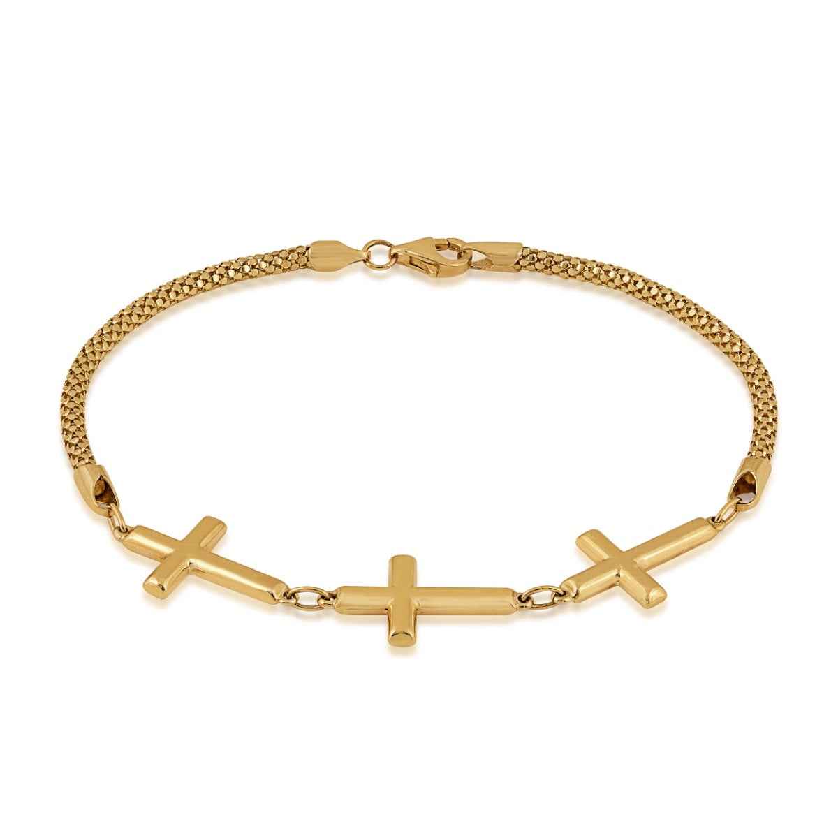7.25-inch Triple Cross with Popcorn Chain Bracelet in 10K Yellow Gold