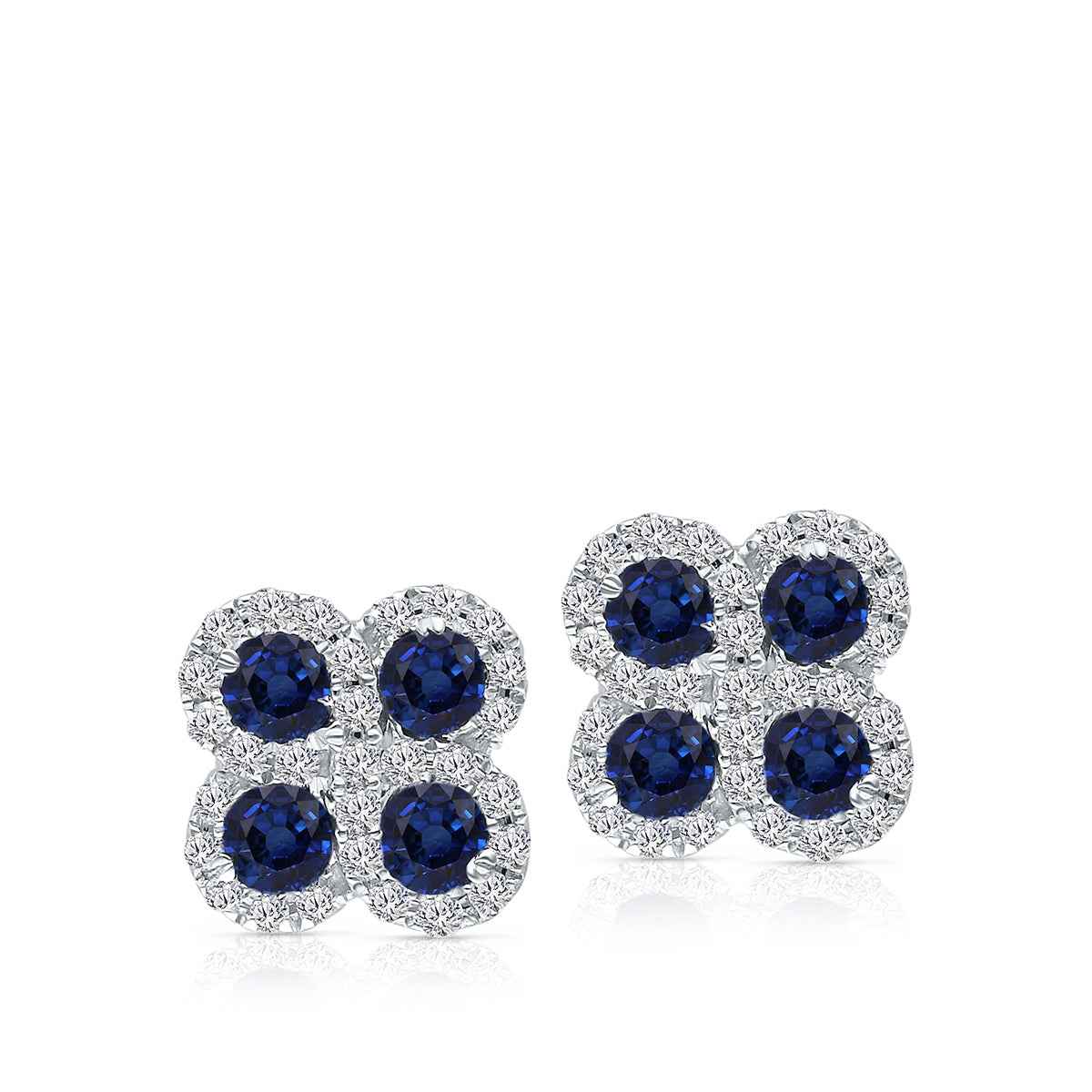 Kallati Round Sapphire & 1/6 ct. tw. Diamond Quatrefoil Earrings in 14K White Gold front view