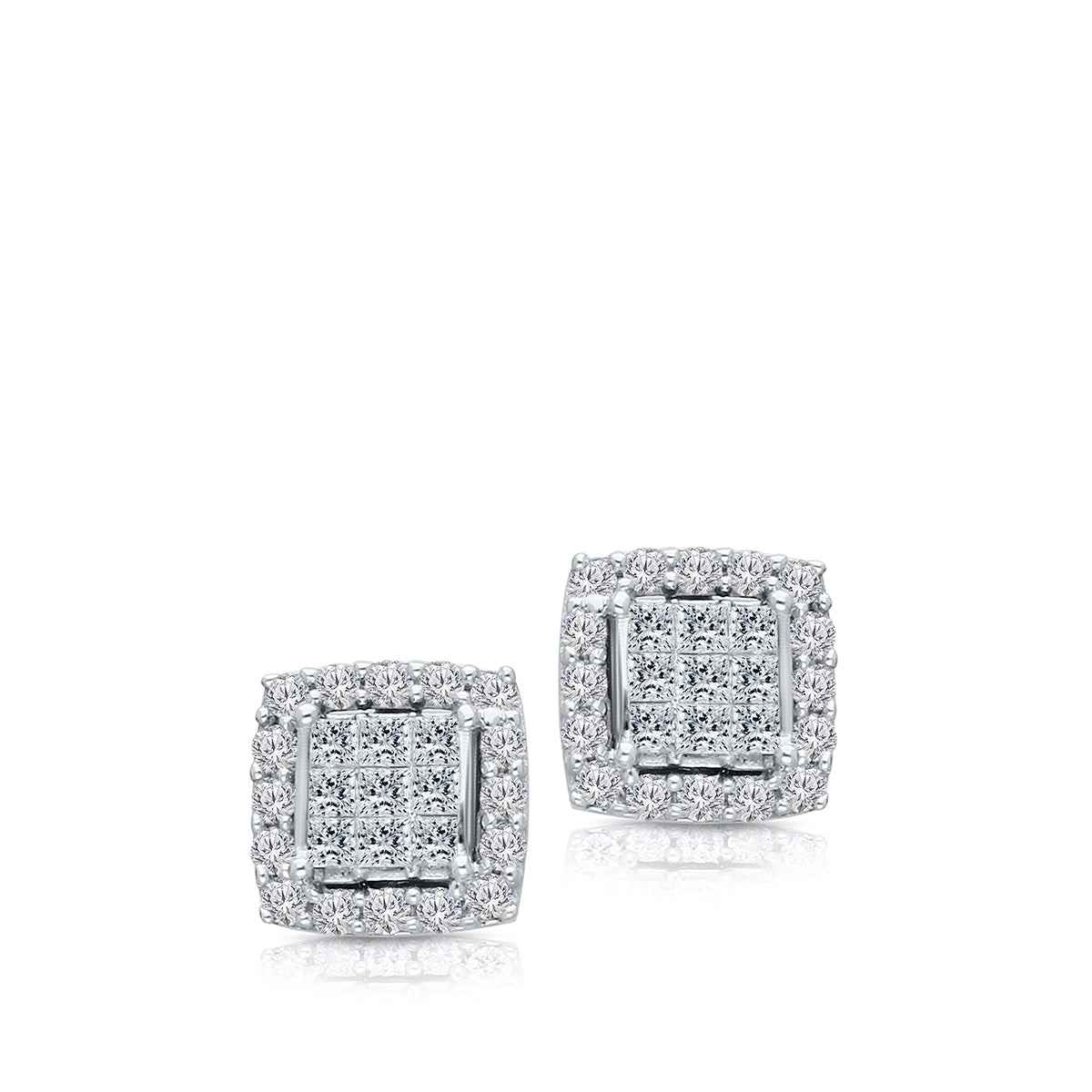 Kallati 3/8 ct. tw. Princess Cut & Round Diamond Square Cluster Halo Earrings in 14K White Gold front view