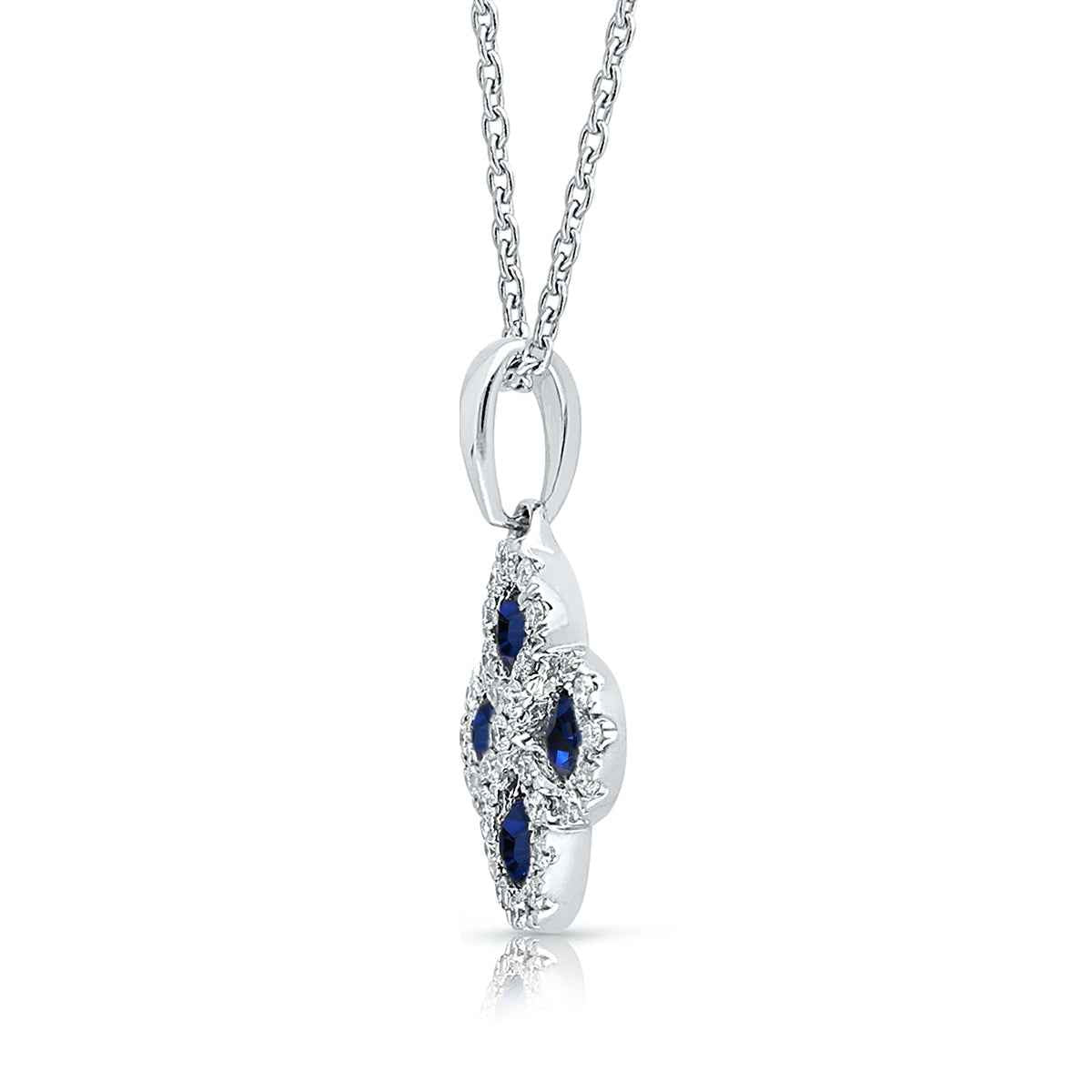 Kallati Round Sapphire & 1/6 ct. tw. Diamond Quatrefoil Pendant in 14K White Gold front view