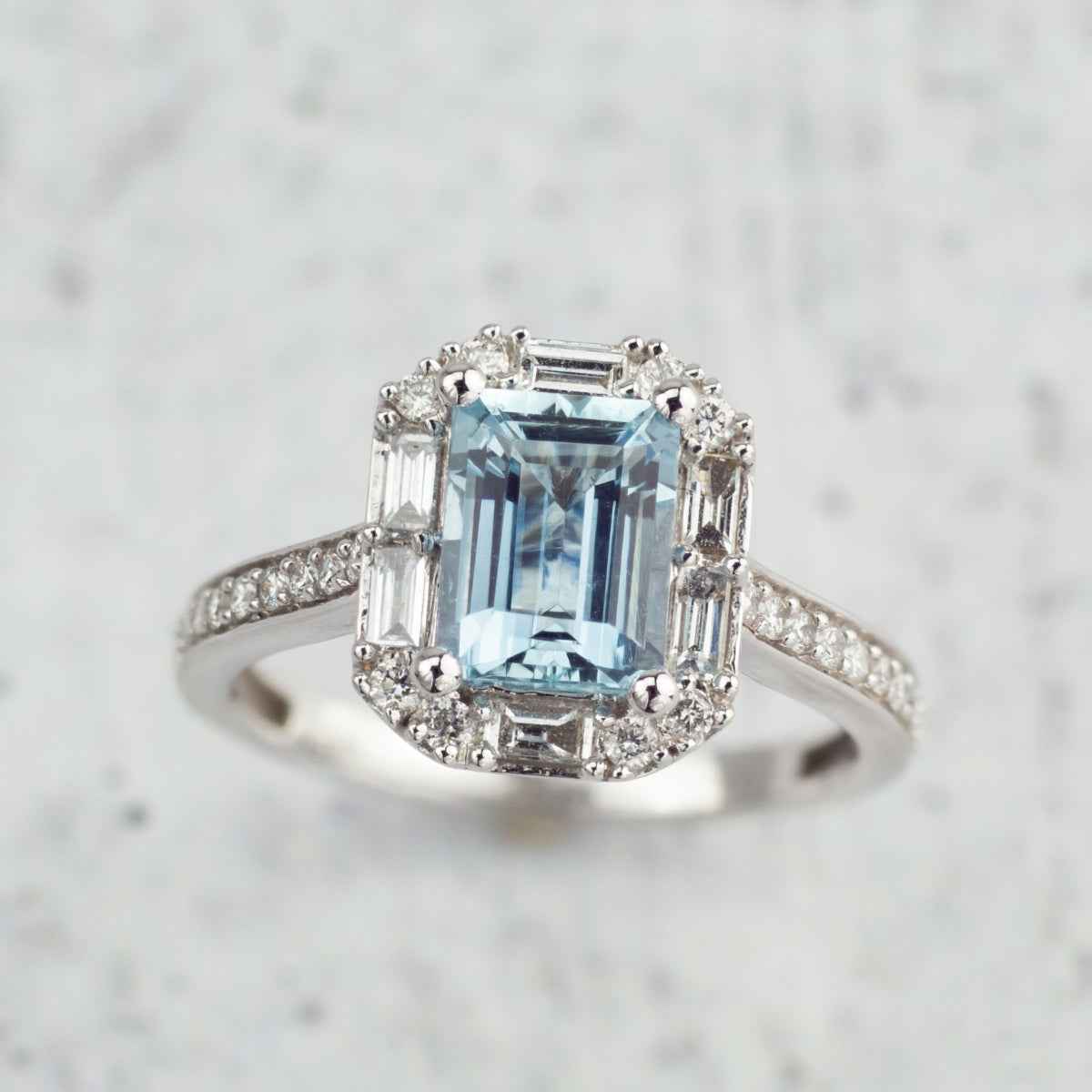 Emerald Cut Aquamarine & 1/2 ct. tw. Diamond Halo Ring in 14K White Gold side profile