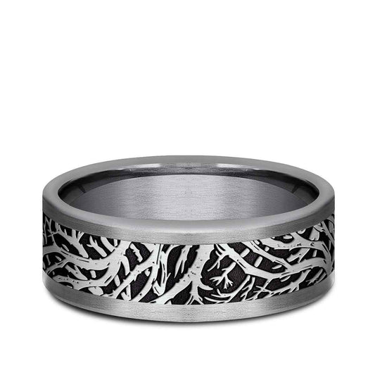 Benchmark Men's 8mm Tantalum Enchanted Forest with Black Center Wedding Band close-up detail