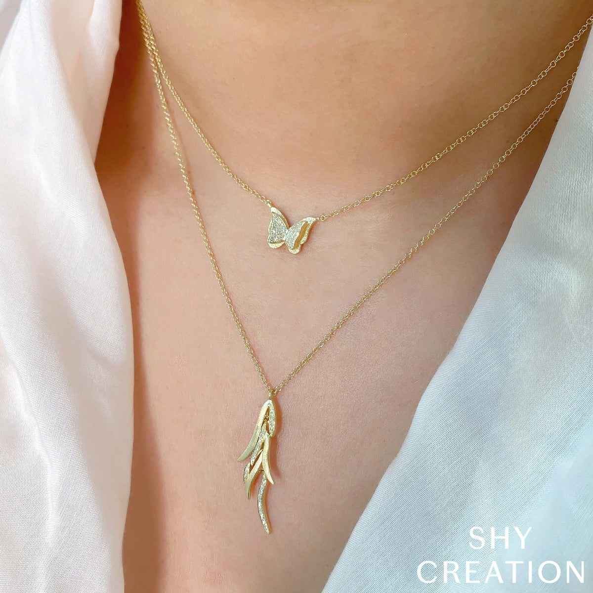 Shy Creation 1/20 ct. tw. Diamond Butterfly Necklace in 14K Yellow Gold front view