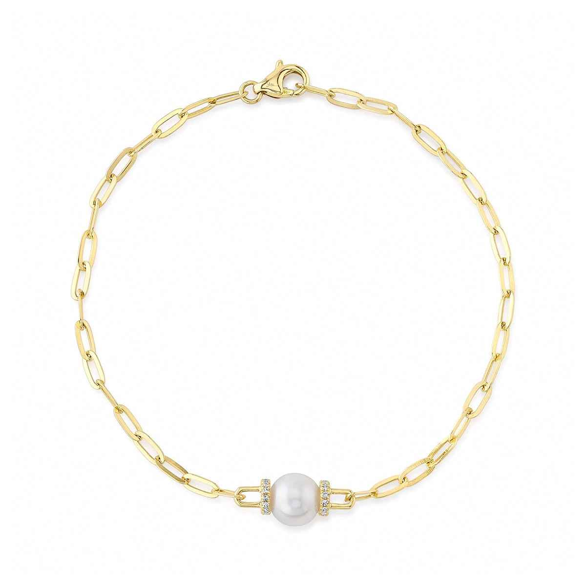 Shy Creation Cultured Pearl & 1/12 ct. tw. Diamond Paperclip Chain Bracelet in 14K Yellow Gold