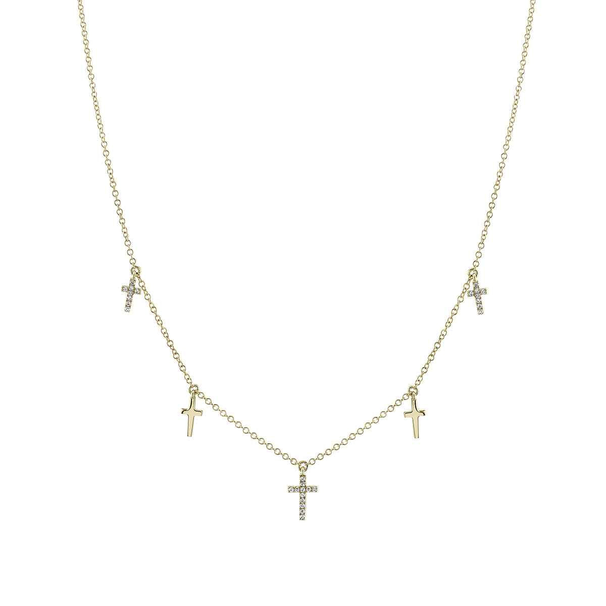Shy Creation 1/10 ct. tw. Diamond Cross Station Necklace in 14K Yellow Gold