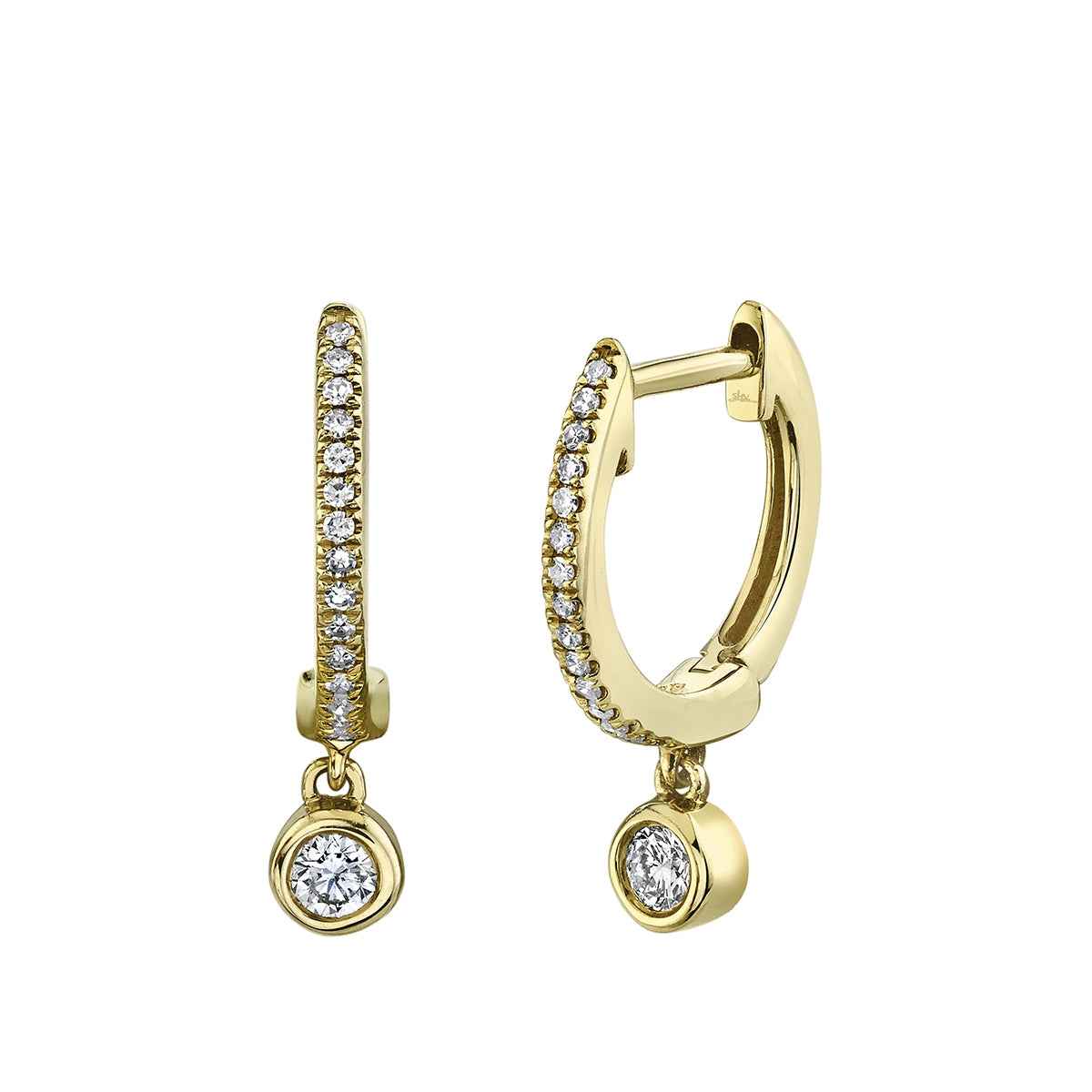 Shy Creation 1/7 ct. tw. Diamond Huggie Earrings with Bezel Charm in 14K Yellow Gold