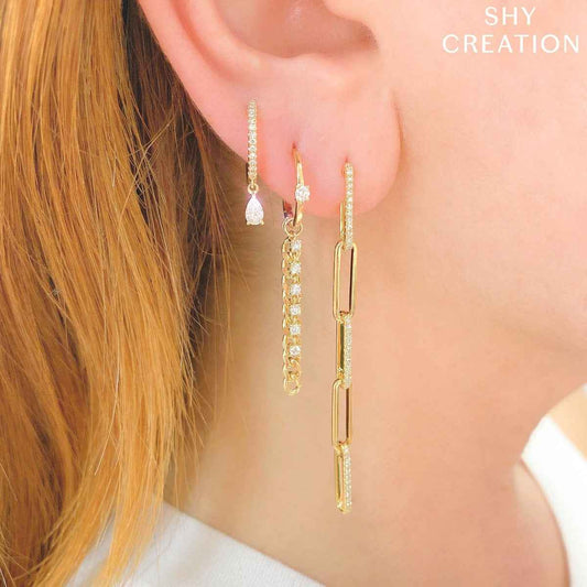 Shy Creation 1/6 ct. tw. Diamond Paperclip Dangle Earrings in 14K Yellow Gold front view