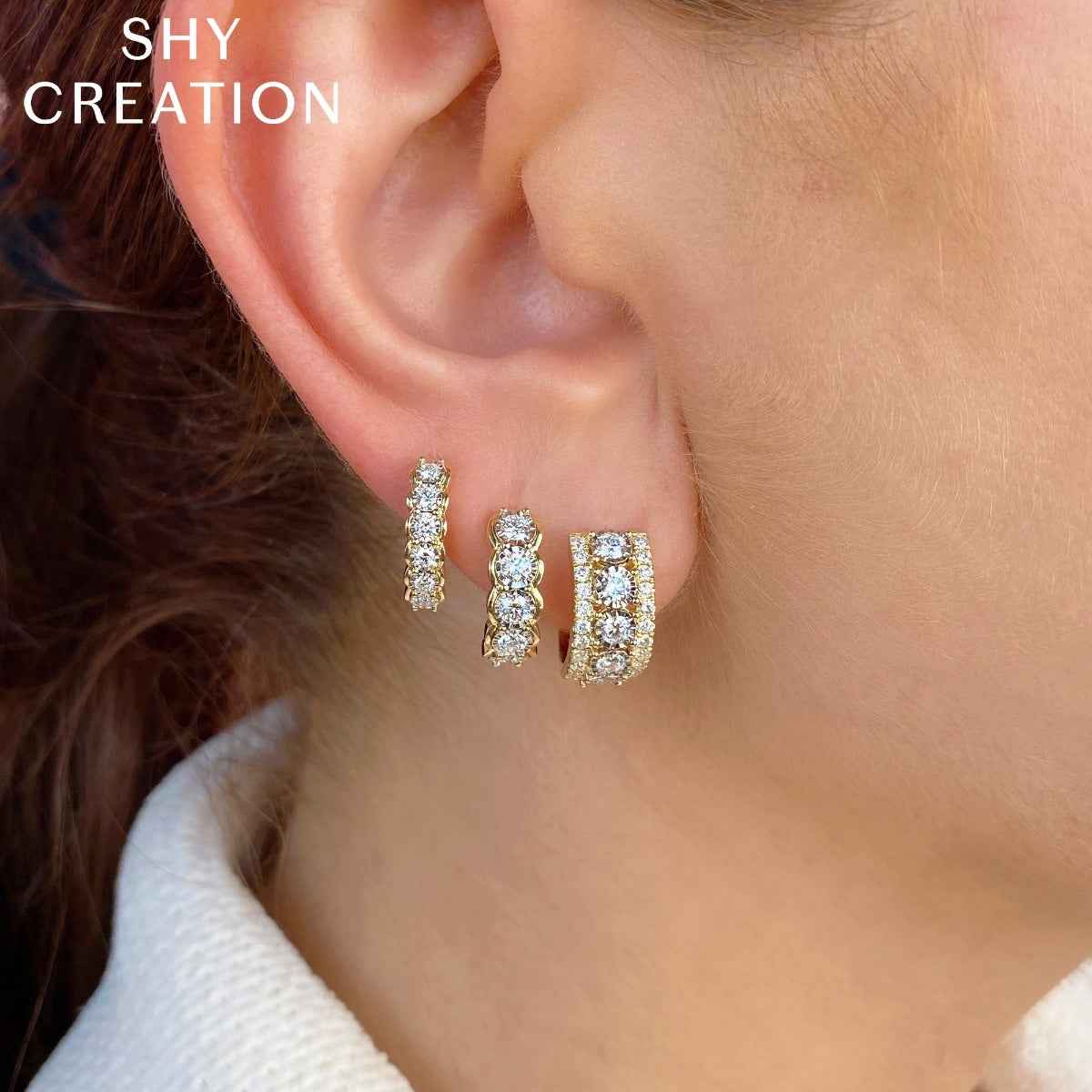 Shy Creation 5/8 ct. tw. Diamond Miracle Plate Huggie Hoop Earrings in 14K Yellow Gold front view