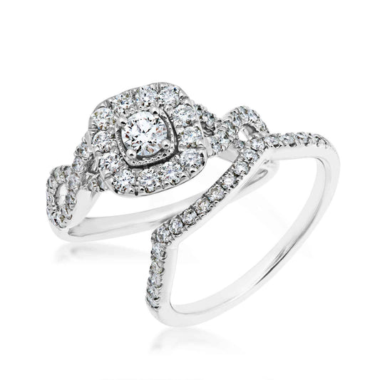 Natural 1 ct. tw. Round Brilliant Diamond Halo Twist Wedding Set in 10K White Gold close-up detail