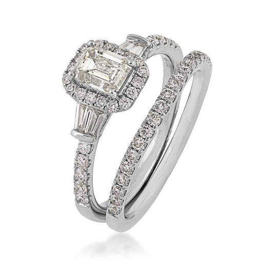 Adamante 1-1/2 ct. tw. Lab-Grown Emerald Cut Diamond Halo Wedding Set in 14K White Gold close-up detail