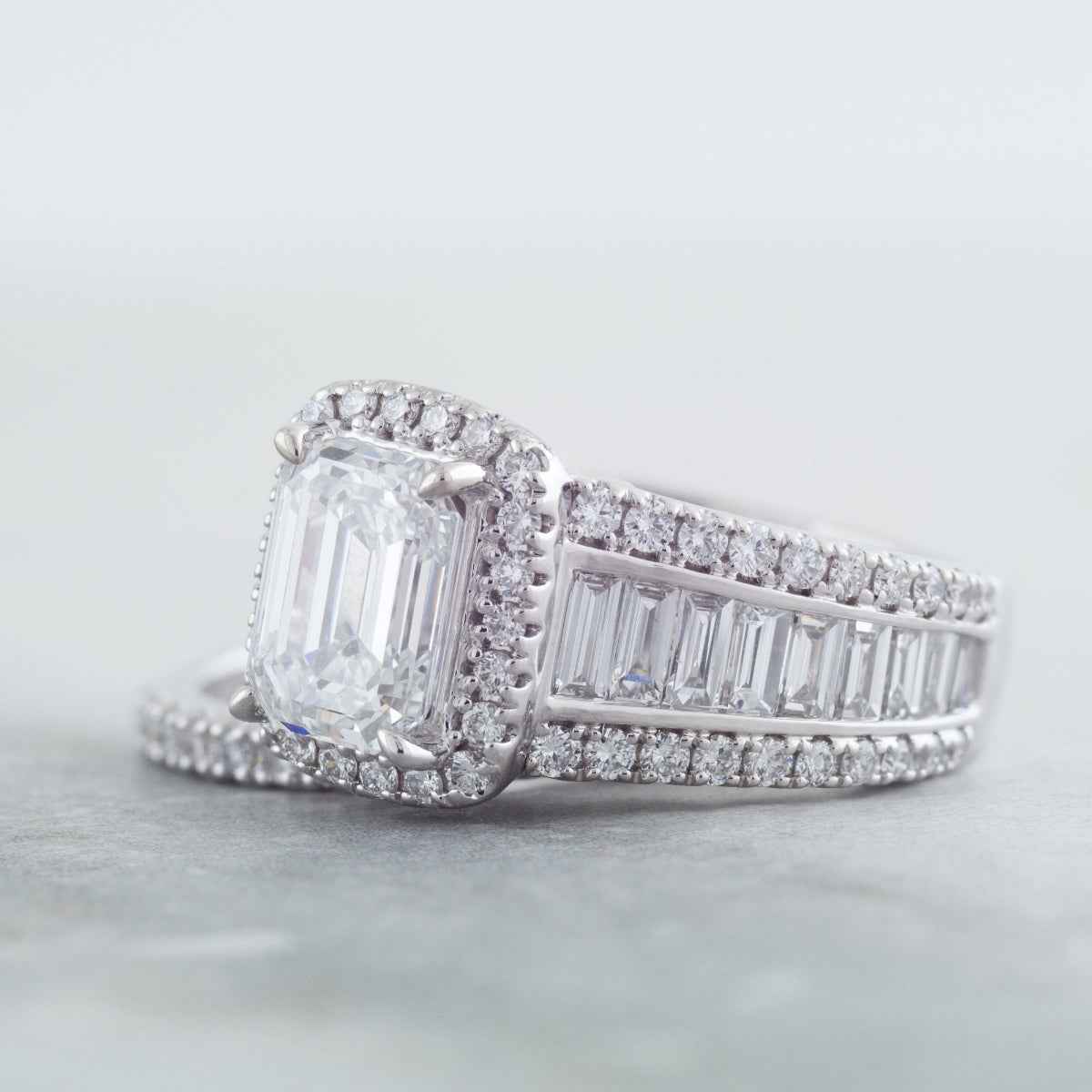 Adamante 3-5/8 ct. tw. Lab-Grown Emerald Cut Diamond Halo Wedding Set in 14K White Gold close-up detail