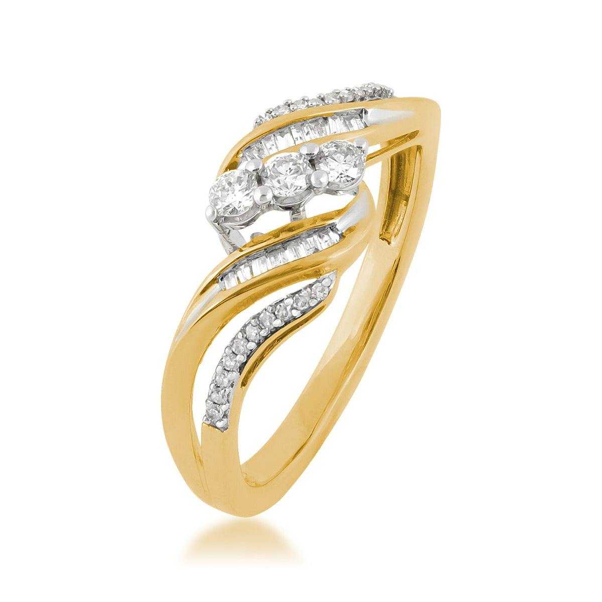 3-Stone 1/4 ct. tw. Round & Baguette Diamond Bypass Ring in 10K Yellow Gold front view