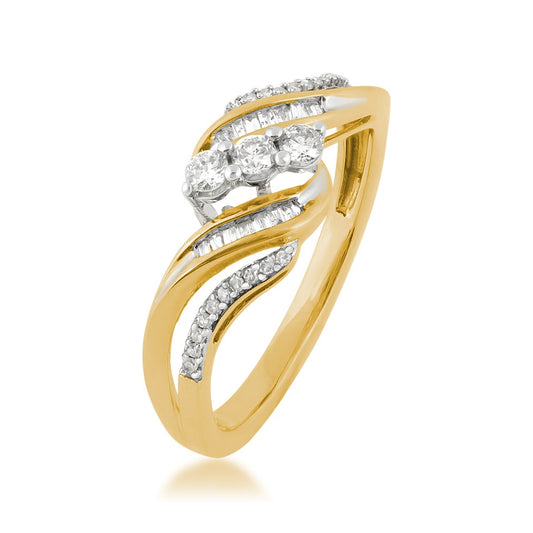 3-Stone 1/4 ct. tw. Round & Baguette Diamond Bypass Ring in 10K Yellow Gold front view
