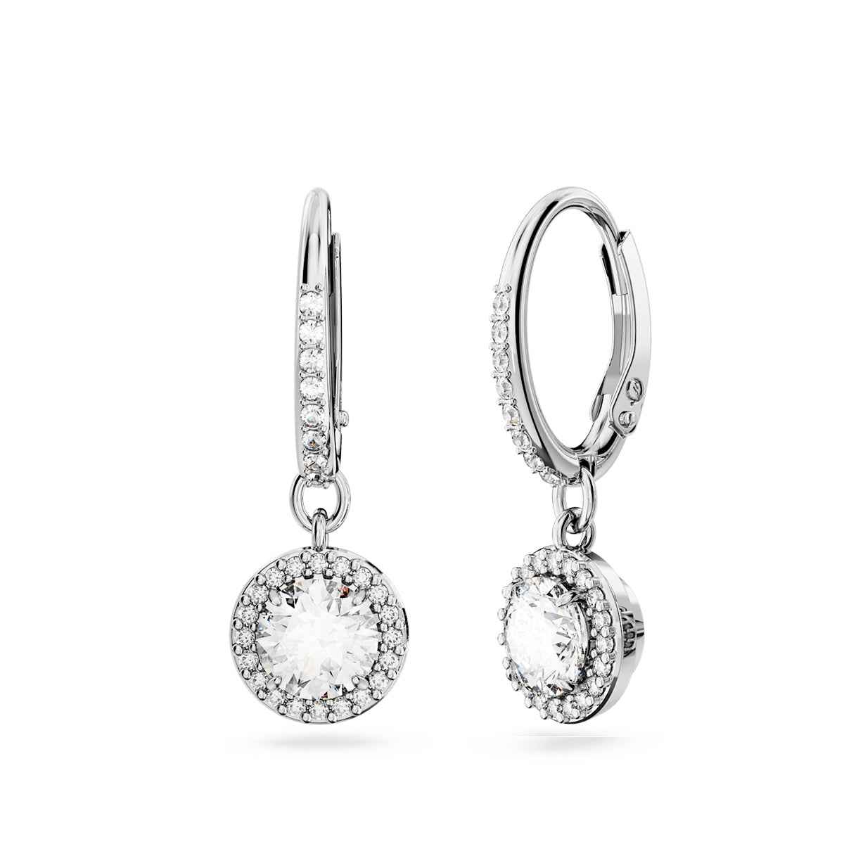 Swarovski Constella Round White Crystal Drop Earrings in White Rhodium Plating