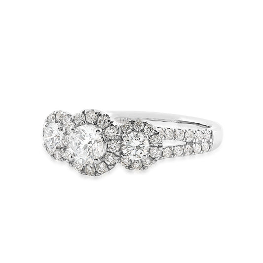 Adamante 1-1/4 ct. tw. Lab-Grown 3-Stone Round Diamond Halo Ring in 14K White Gold close-up detail