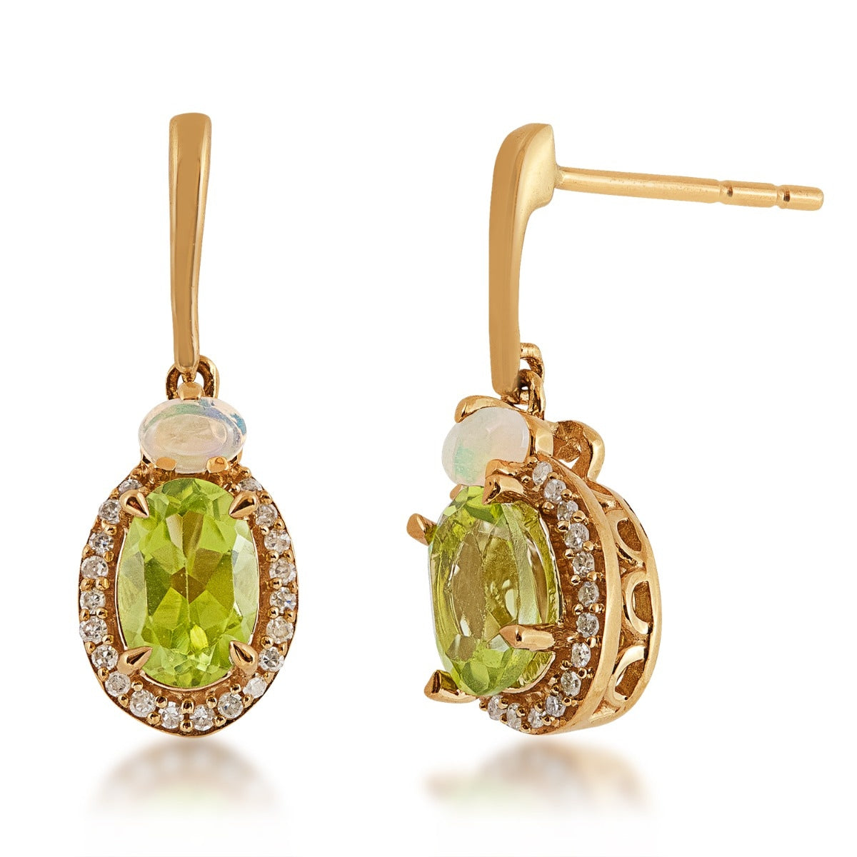 Oval Peridot, Opal & Diamond Halo Drop Earrings in 10K Yellow Gold