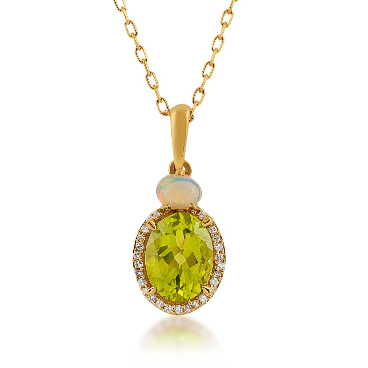 Oval Peridot, Opal & Diamond Halo Pendant in 10K Yellow Gold