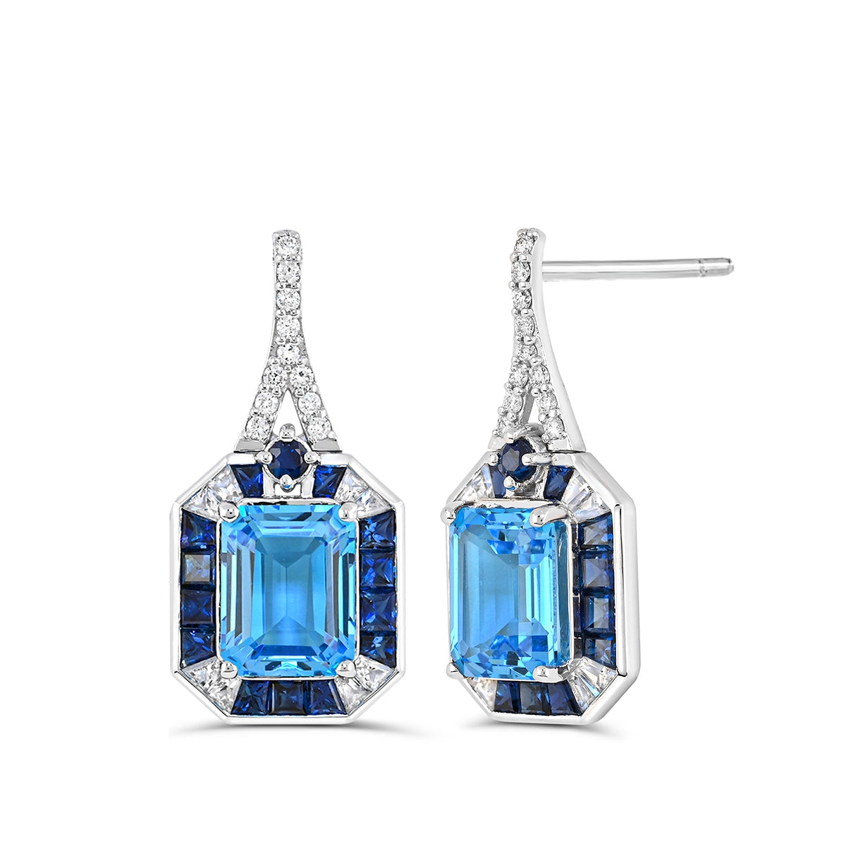 Emerald Cut Swiss Blue Topaz, Sapphire & 1/7 ct. tw. Diamond Earrings in 14K White Gold
