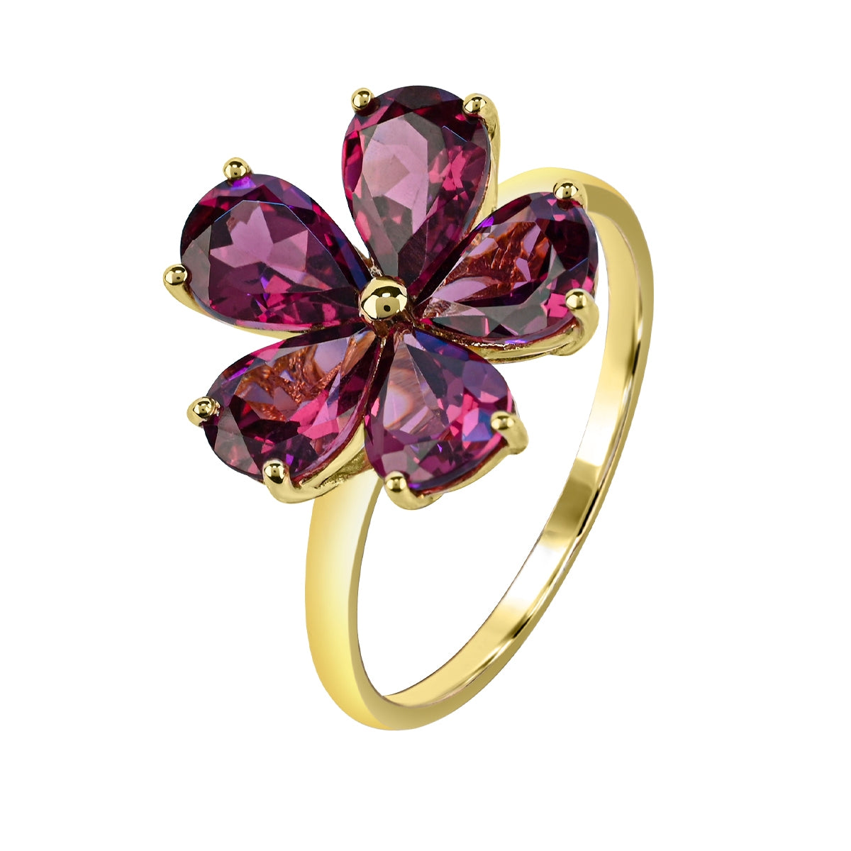 Pear Rhodolite Garnet Flower Ring in 10K Yellow Gold front view